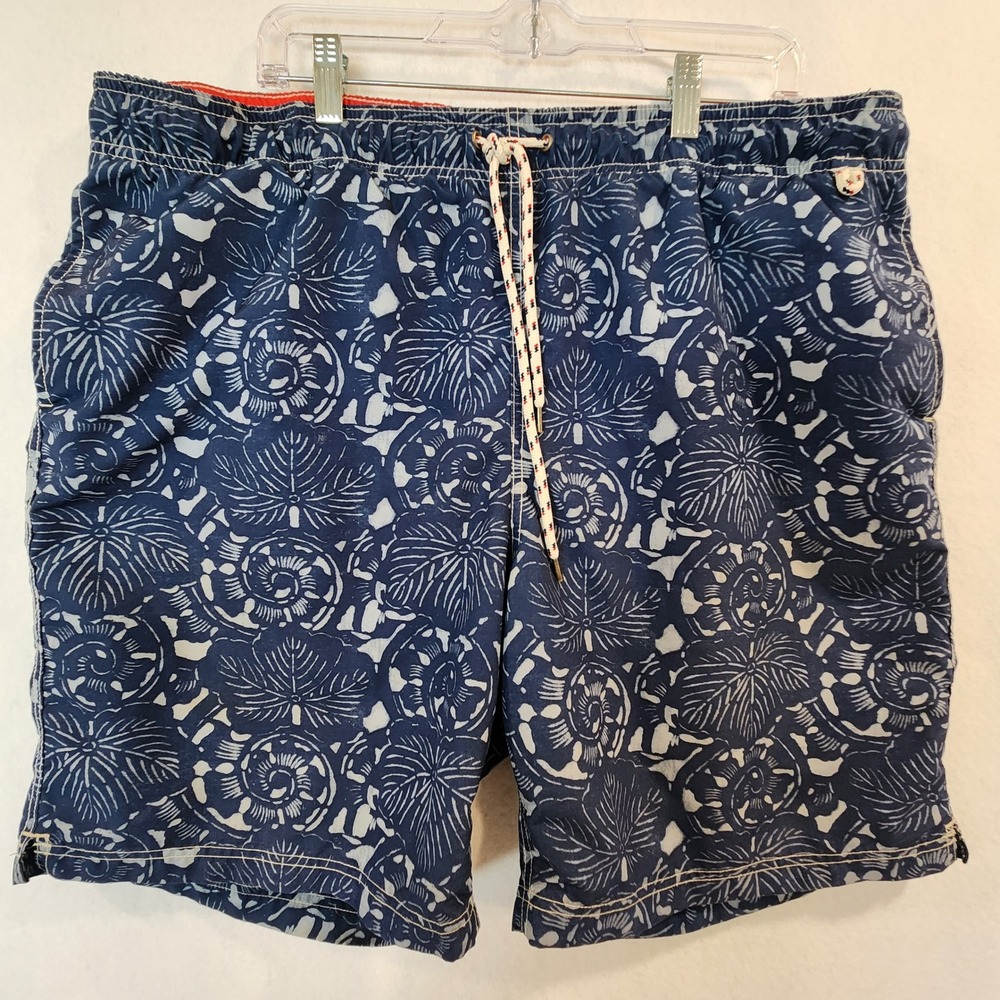 Lands End Mens XL 40-42 x 8" Navy Blue Shell Palm Print Swim‎ Trunks Mesh Liner